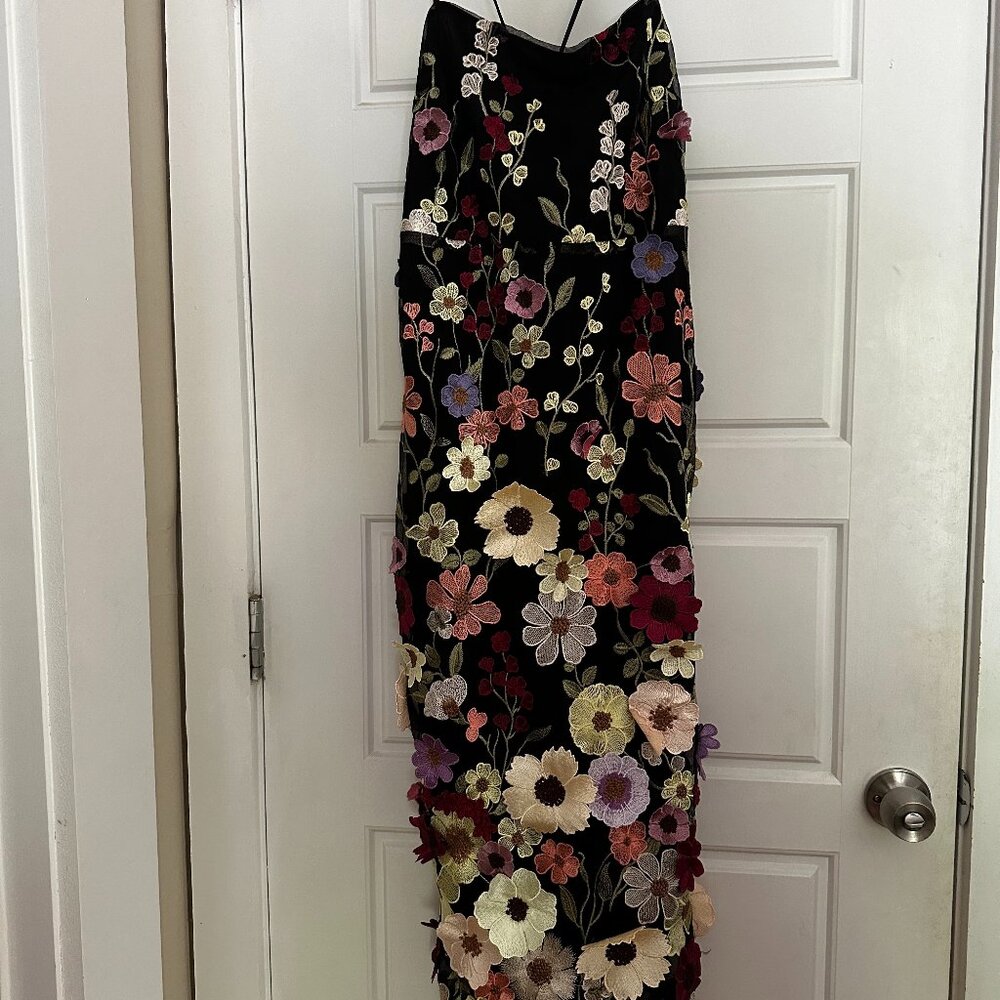 Lulu's Thriving Energy Black 3D Floral Embroidered Lace-Up Midi Dress XL